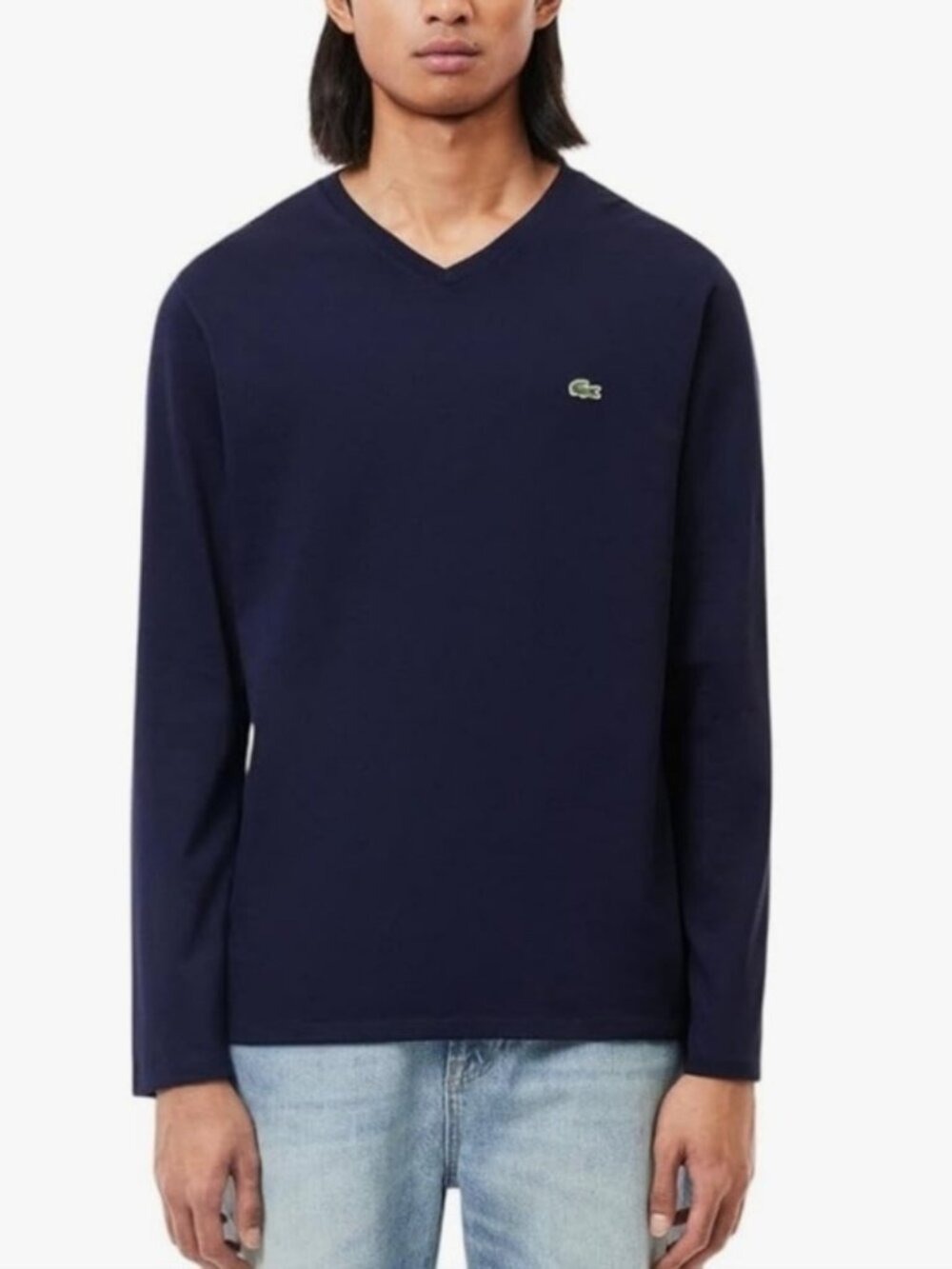 LACOSTE | Mens V-neck Tee Shirt Top Long Sleeve Navy Blue Sz M